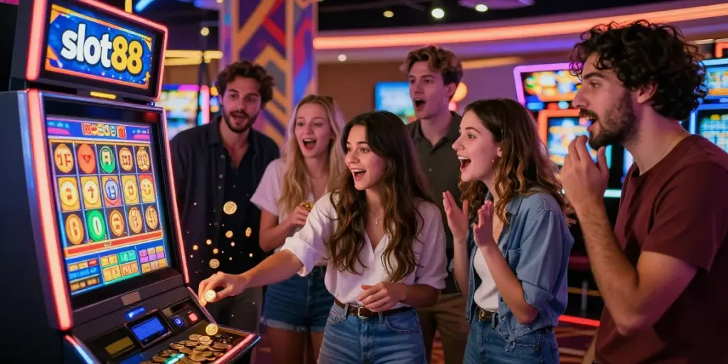 Pengalaman bermain slot88 yang seru dengan teman-teman, mesin slot berwarna cerah, dan suasana kasino yang hidup.