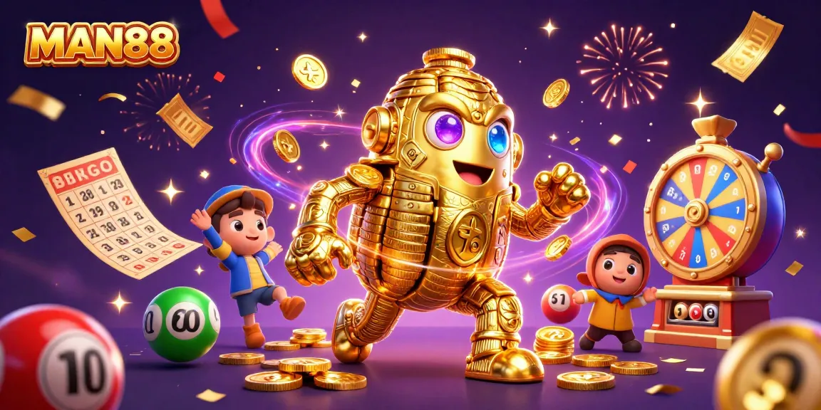 Spin the reels with MAN88's golden golem, lottery balls, and vibrant casino elements.