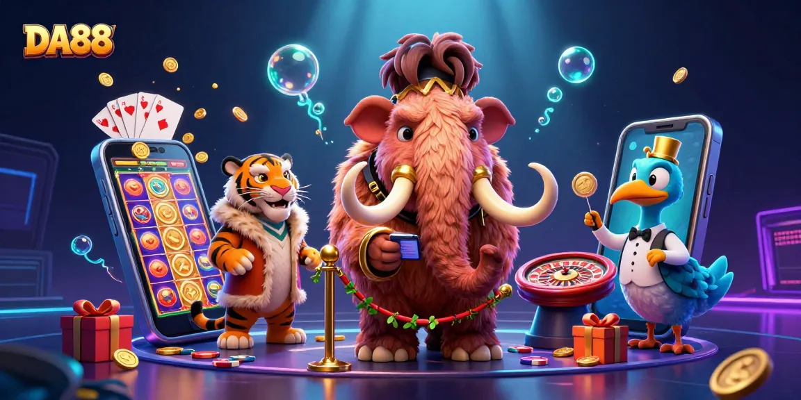 DA88 invites players to join with a vibrant casino scene featuring unique characters and slot action.