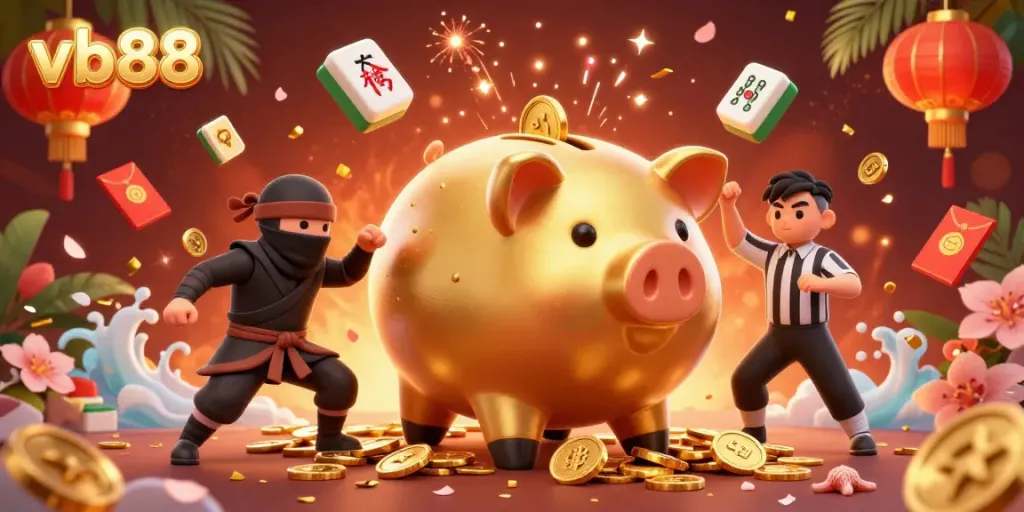 Experience big wins and excitement at vb88 with vibrant casino-themed illustration featuring dynamic action and games.