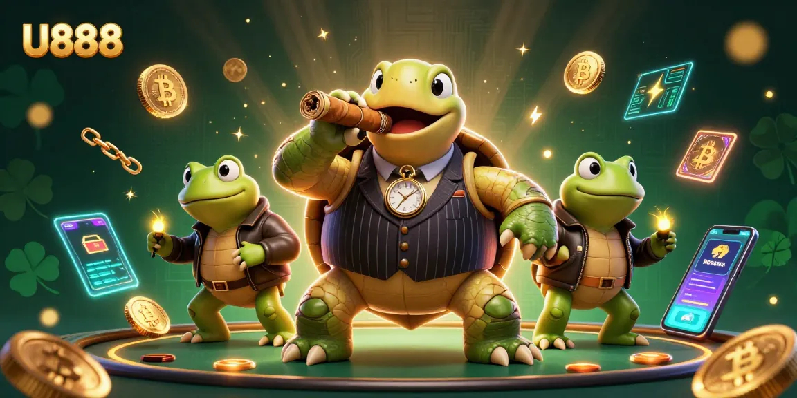 Engage with U888's vibrant casino scene featuring a snapping turtle and bullfrogs amidst glowing crypto elements.