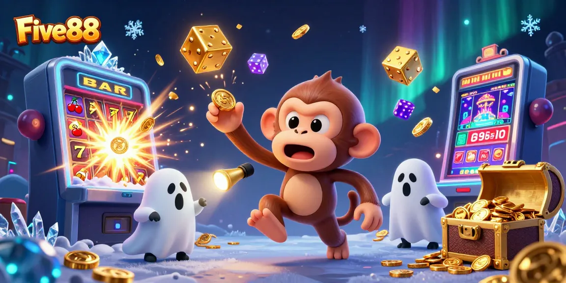 Engage with Five88's casino adventures featuring a playful monkey and a curious puppy in a vibrant 3D scene.