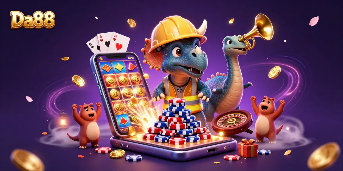 Experience Da88 excitement with a cartoon triceratops stacking poker chips and a celebratory parasaurolophus in a vibrant casino scene.
