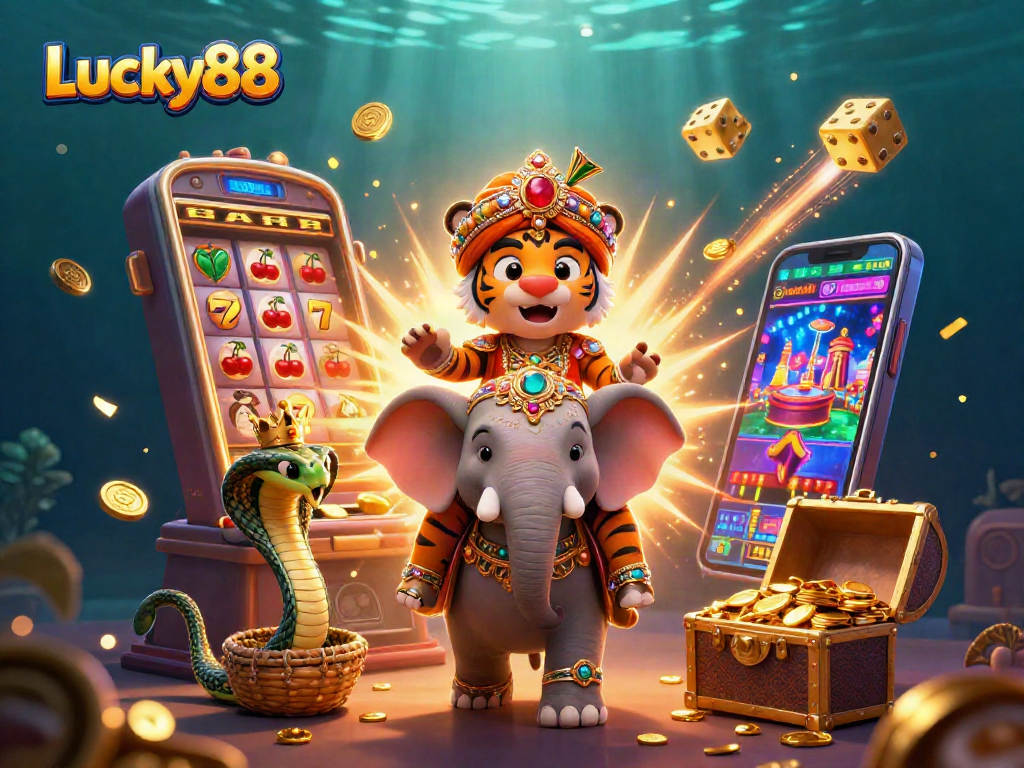 Play the exciting Lucky88 slot with dynamic features and a vibrant atmosphere in this immersive casino scene.