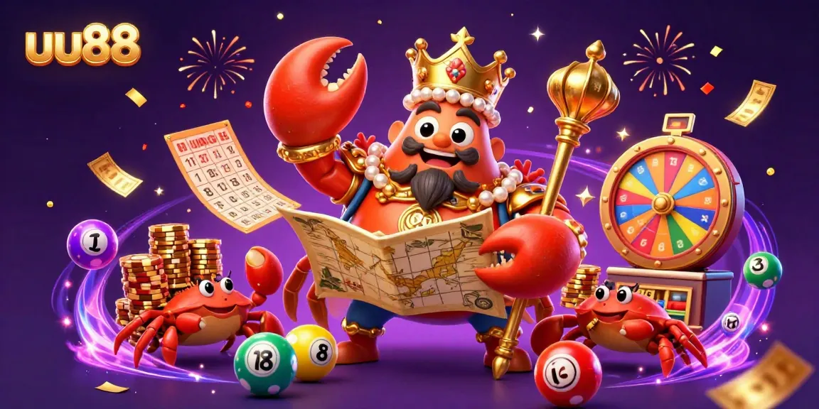Experience the excitement of uu88 with a golden crab emperor and dynamic lottery elements in a captivating casino scene.