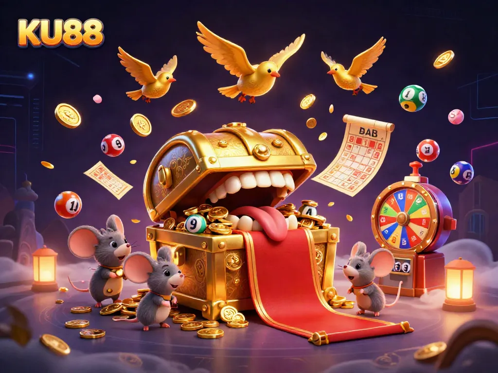Engage with KU88's thrilling gaming scene featuring a treasure chest, colorful lottery elements, and dynamic excitement.