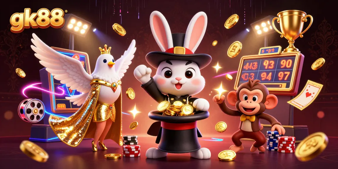 gk88 offers exciting slots and games, featuring a magician rabbit, dove, and monkey in a vibrant casino scene