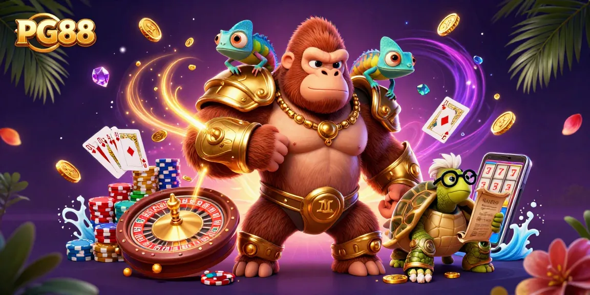 Witness powerful PG88 characters interact amidst a vibrant casino scene filled with gold coins and games.