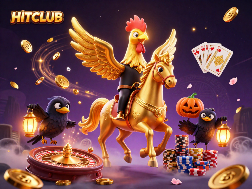 Join the action at HITCLUB with a golden rooster and friends lighting up the casino atmosphere.