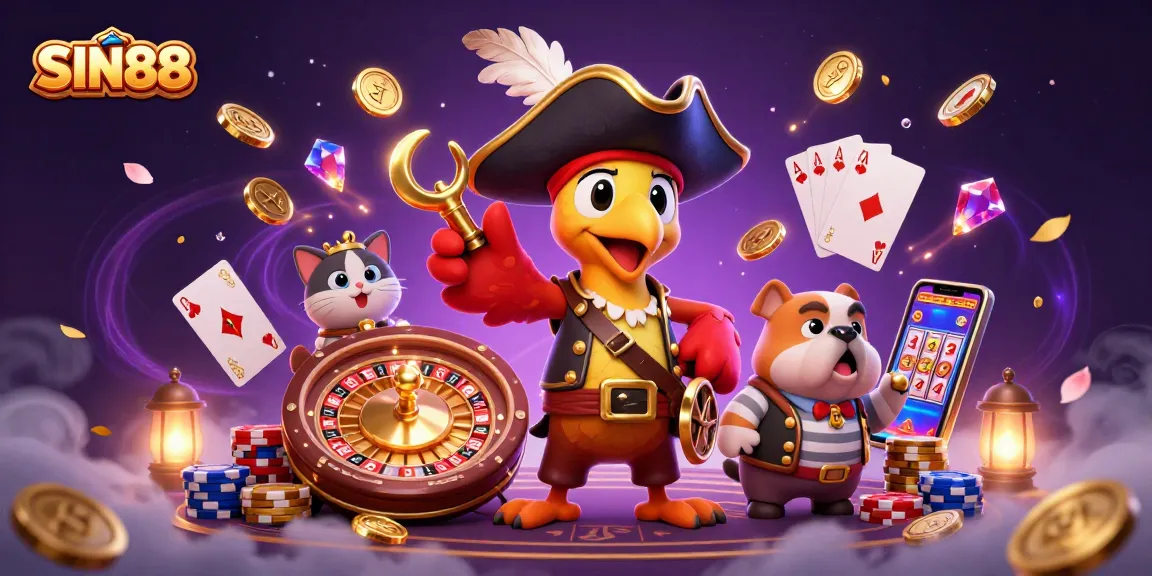 SIN88 enhances the gaming experience with captivating visuals of a cartoon pirate scene complete with vibrant casino elements.