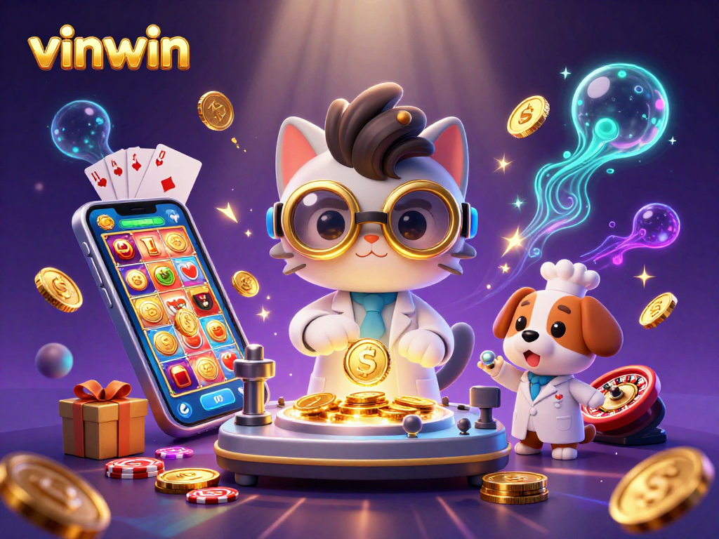 Experience the thrill of vinwin with vibrant casino games and captivating golden sparks in a playful scene.