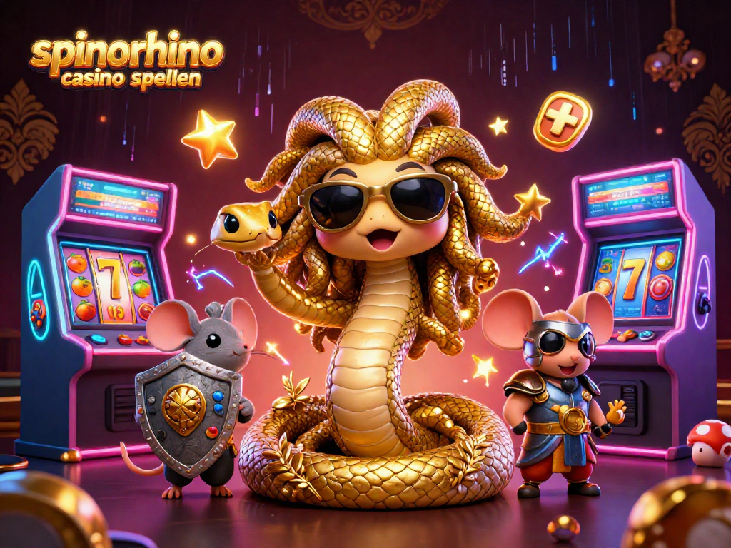 Spel met spinorhino casino spellen, Medusa en een muis naast kleurrijke gokautomaten.