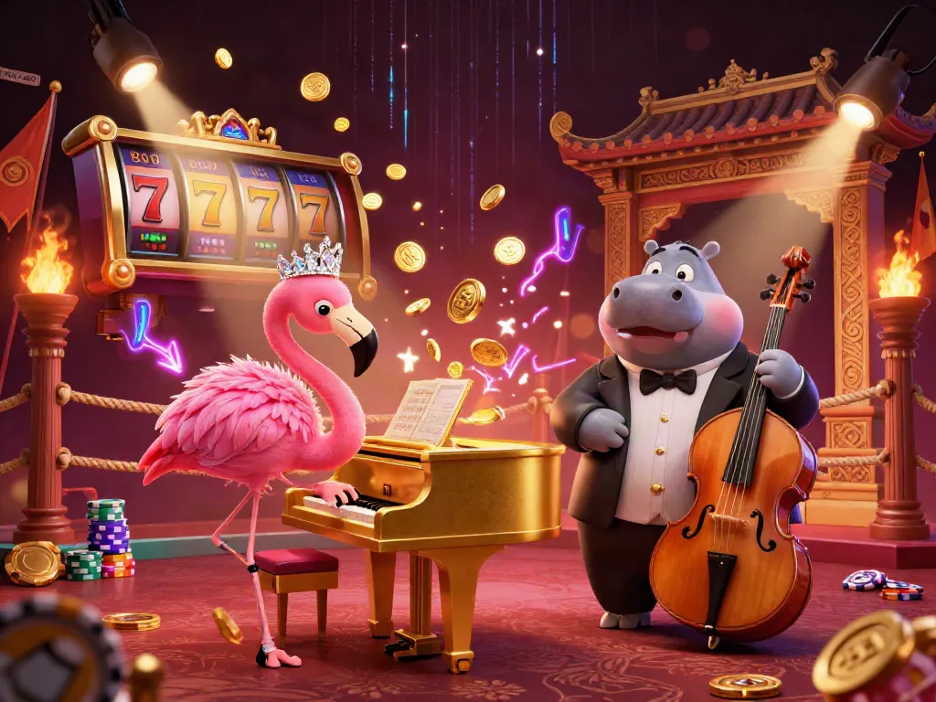 Experience excitement with situs slot at a vibrant 3D casino featuring flamingo singer and hippo bassist.