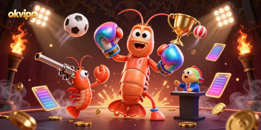Engage with the action at OKVIP: Mantis shrimp, pistol shrimp, and grouper in a dynamic casino scene.