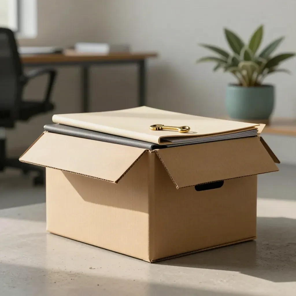 Open archiefdoos met mappen, sleutel en plant bij een leeg startup-bureau