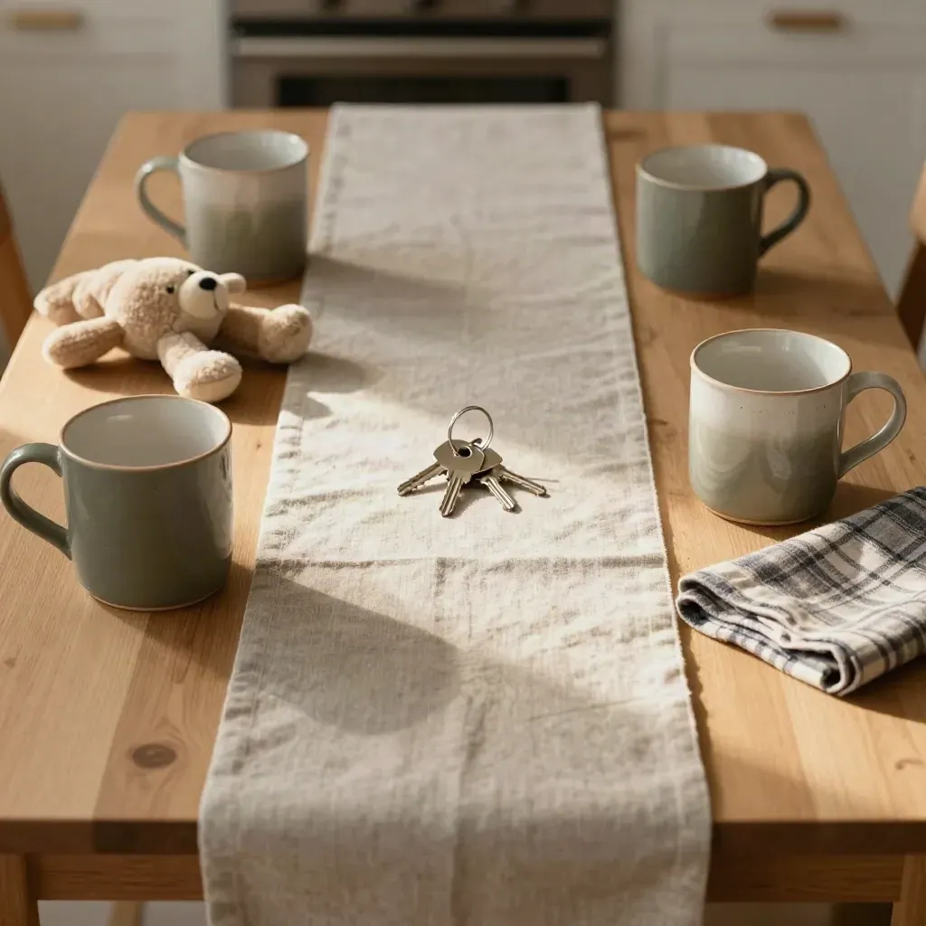 Bovenaanzicht van een keukentafel met gescheiden spullen, mokken, knuffel, plaid en sleutels.