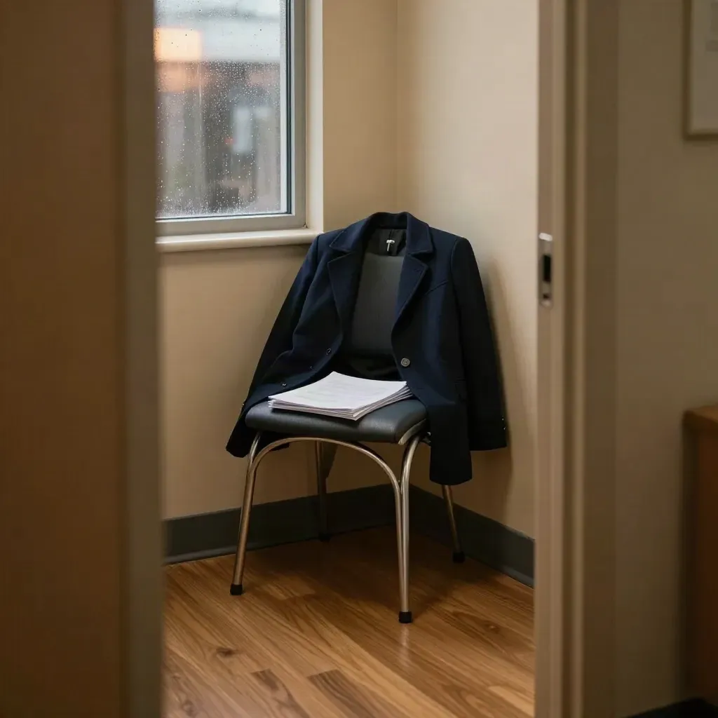 Een lege HR-hoek met jas over stoel, omgekeerd dossier en regen op het raam.