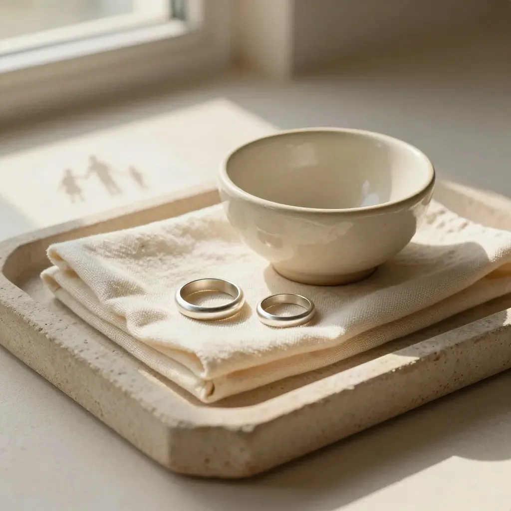 Twee ringen, keramieken schaaltje en linnen doek op een warme stenen tray.