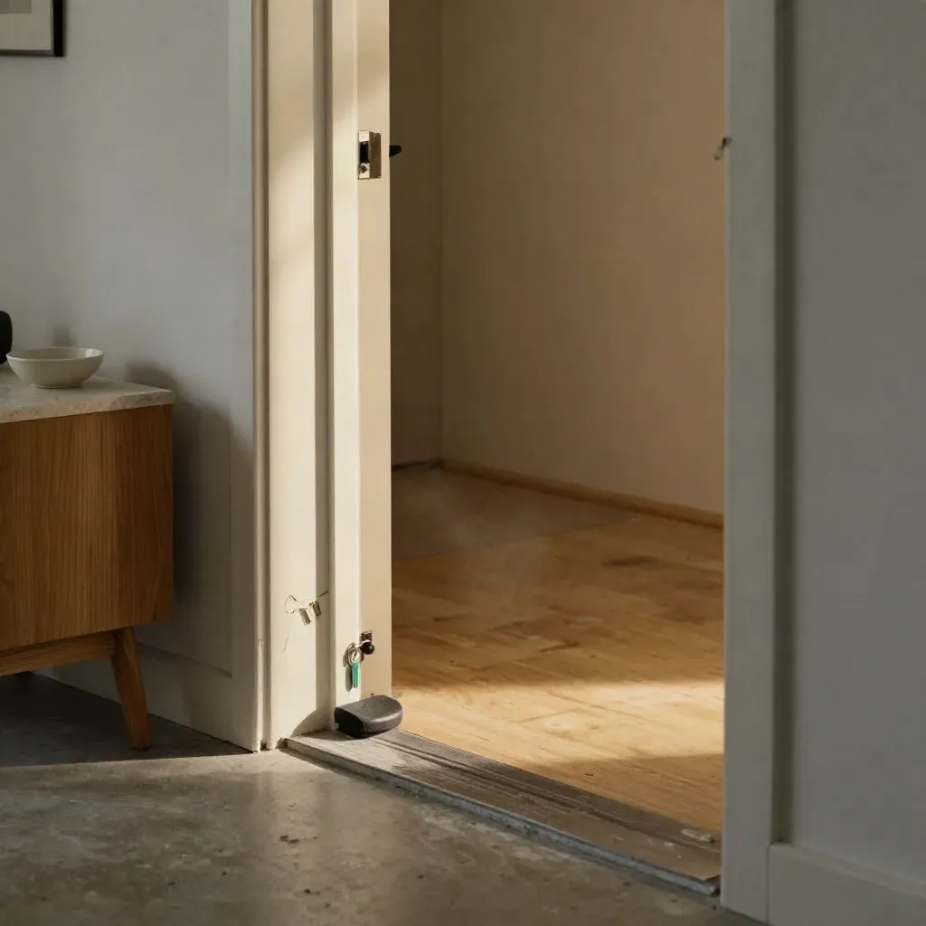 Appartemententree met beschadigde pleister, deurstop en sleutelbos op een rustige haltafel.