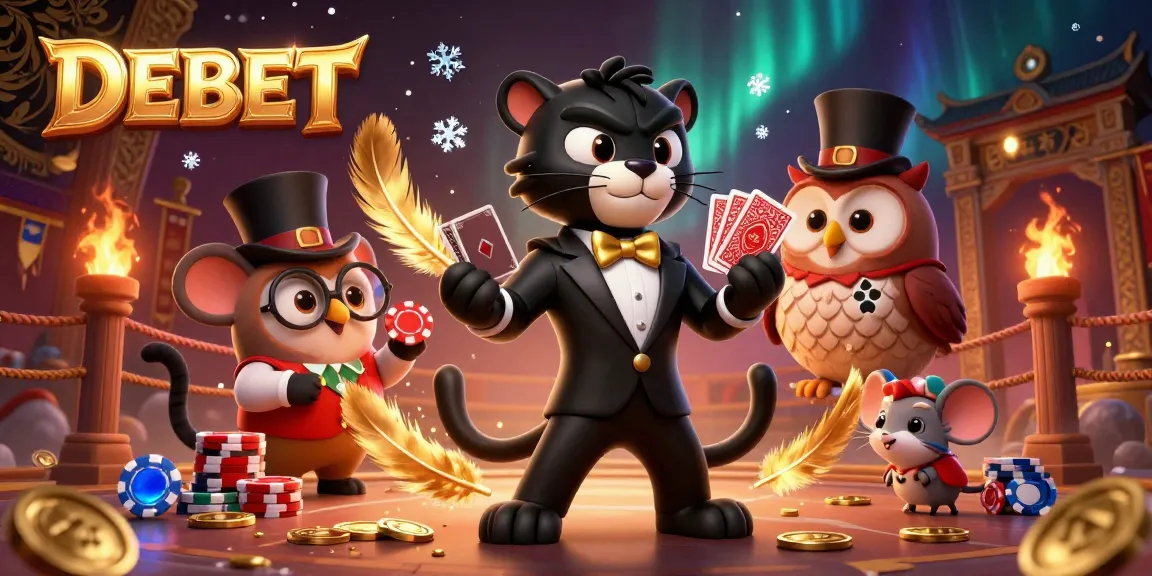 Experience the vibrant world of DEBET as a stylish panther deals cards among lively casino elements, emphasizing a thrilling gambling atmosphere.