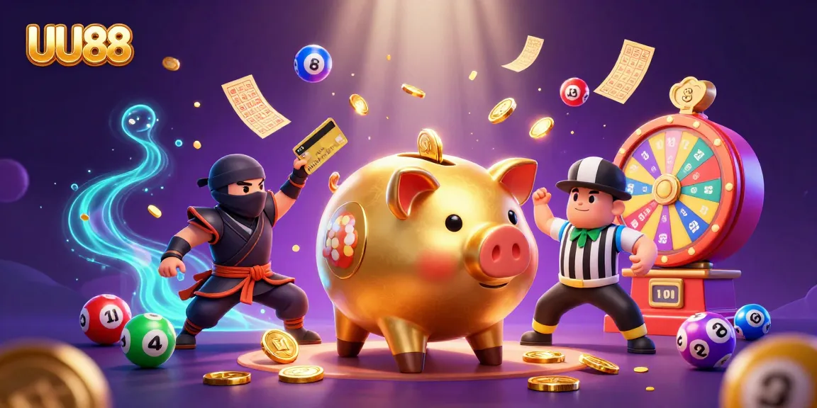 UU88's exciting scene showcases a golden piggy bank sumo wrestler amidst captivating casino elements.
