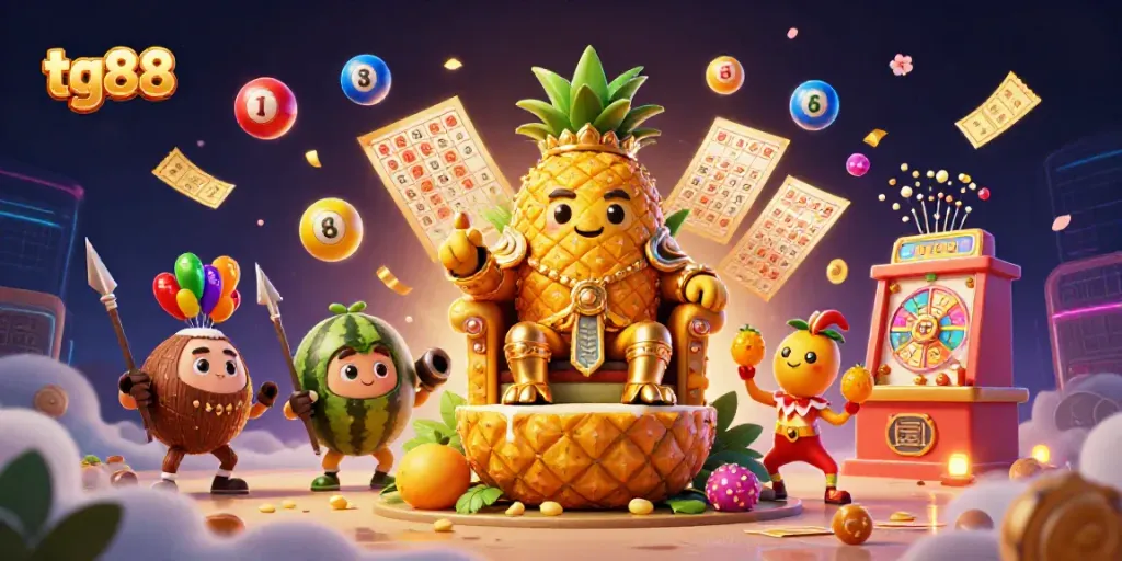 Engage with tg88's vibrant casino scene featuring colorful lottery activities and animated characters.