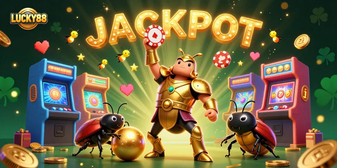 Engage with LUCKY88 as cartoon characters celebrate a jackpot in a vibrant casino scene.