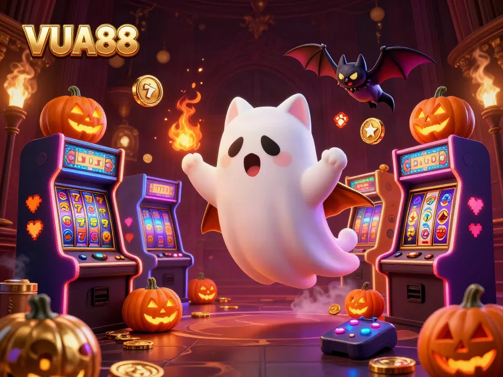 Experience the thrilling VUA88 adventure with a floating ghost cat and vibrant slot reels!