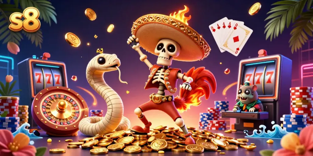 Experience the excitement of s8 casino with a mariachi rooster celebrating a jackpot amidst golden coins.