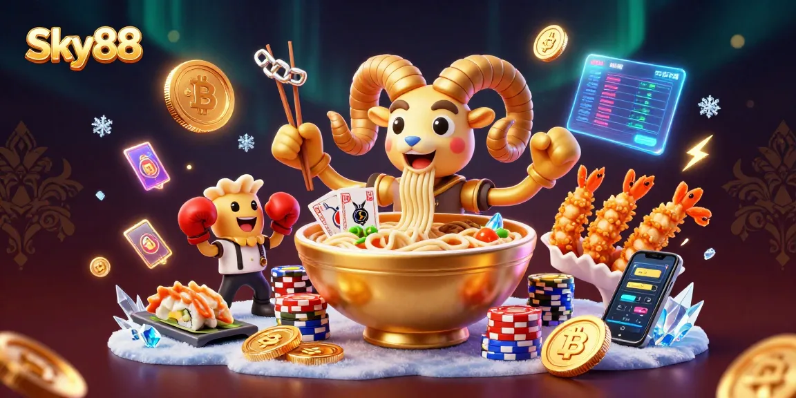 Sky88's dynamic casino scene featuring a giant ramen bowl, lively characters, and vibrant game elements.