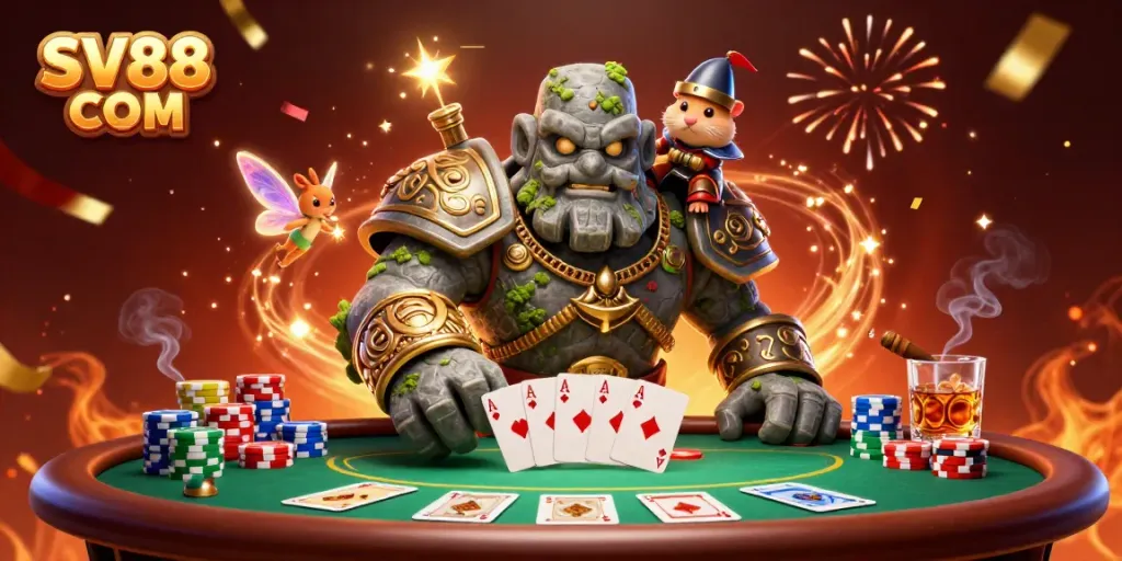 Engage with SV88 COM's thrilling casino experience featuring a magical golem guardian, a fairy, and a hamster knight amidst poker elements.