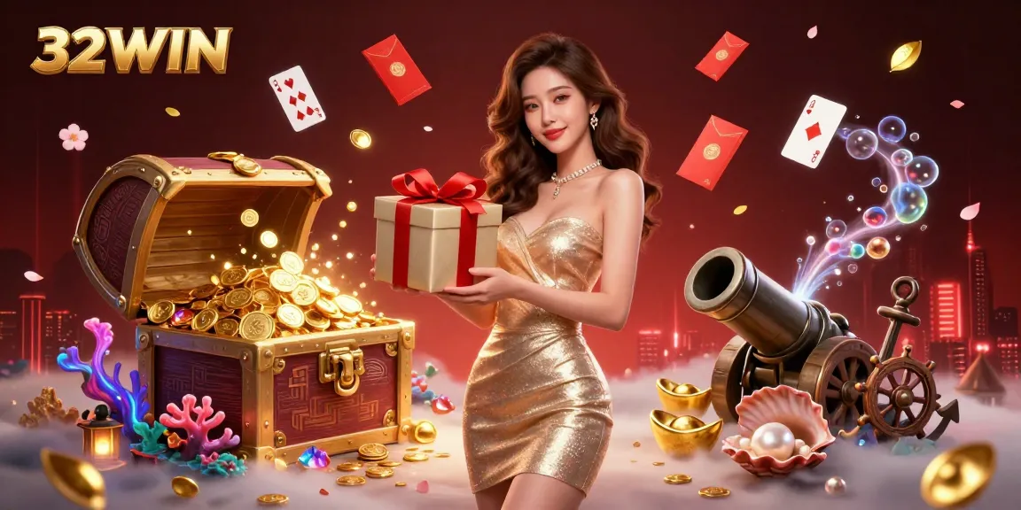 32WIN casino offers a festive Lunar New Year theme with a gorgeous woman holding coins and vibrant decorations.