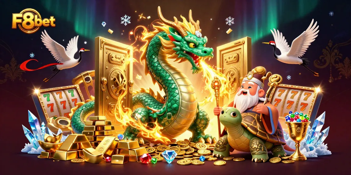 Experience the thrill of F8bet with a jade dragon and vibrant casino elements.