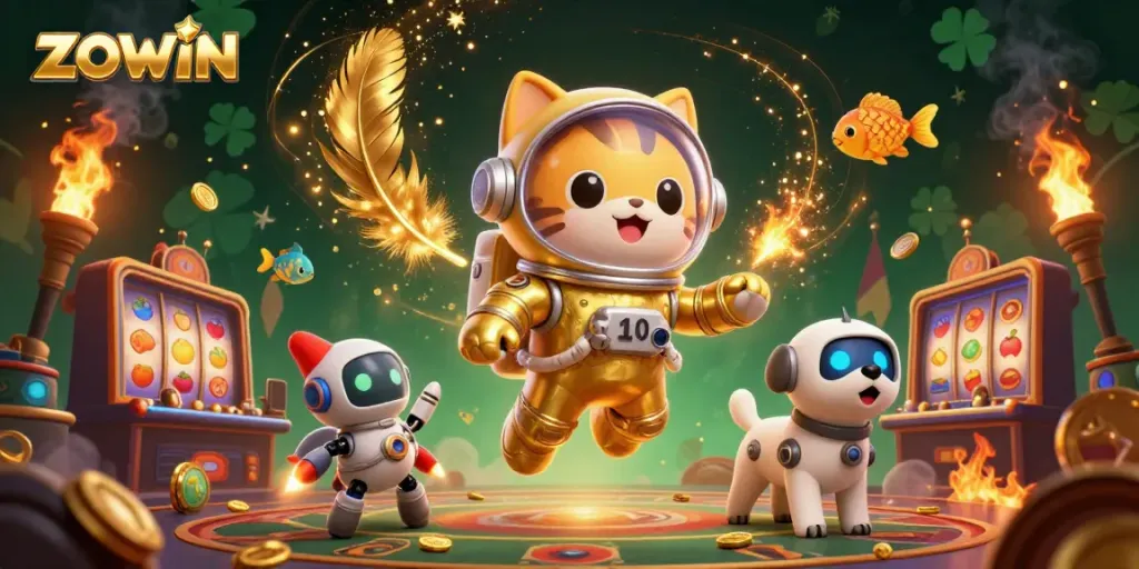 ZOWIN offers thrilling casino excitement with a space cat, robot dog, and cosmic creatures.