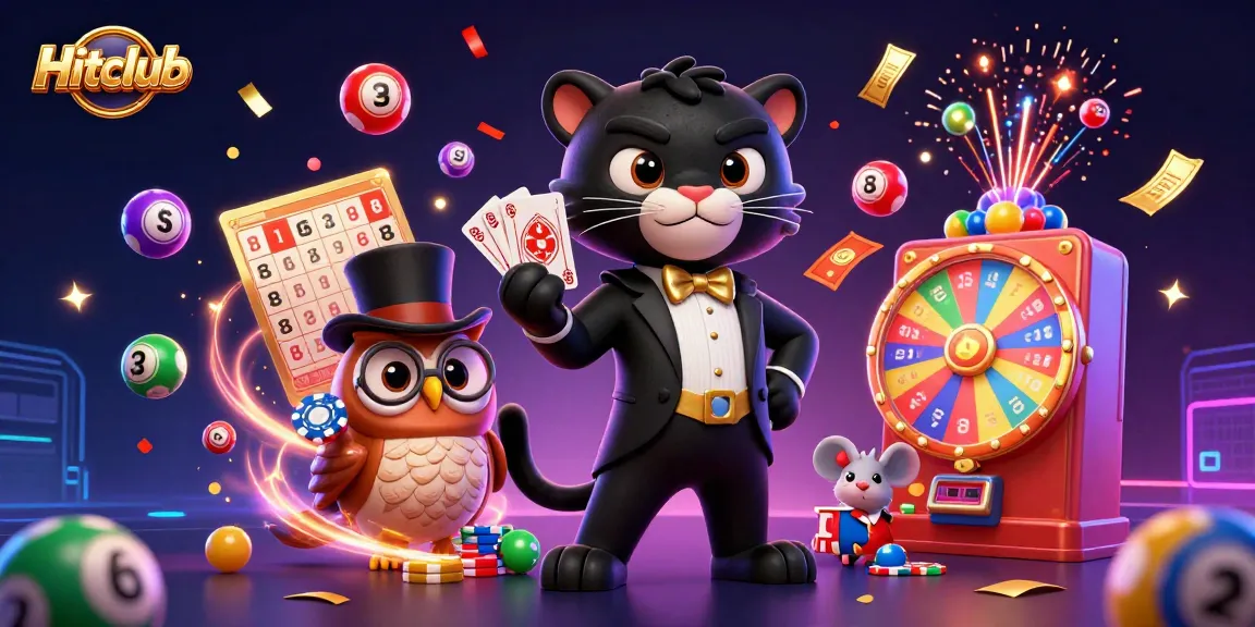 Hitclub showcases its vibrant gaming atmosphere with 3D characters enjoying games and dynamic elements.