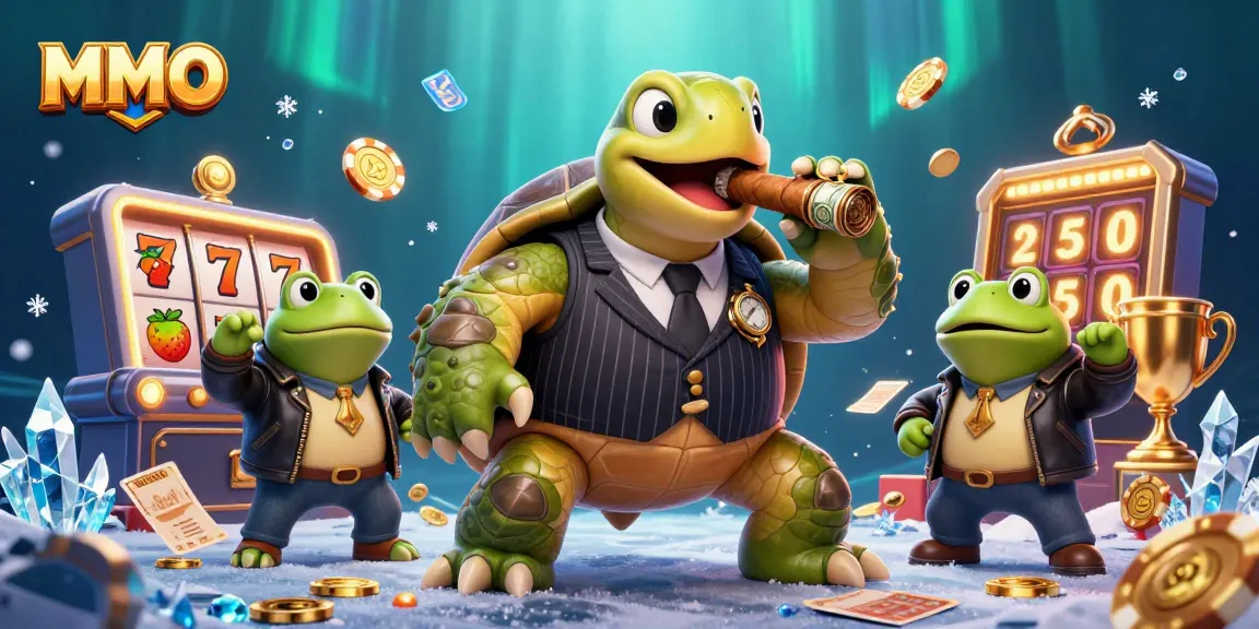 Experience the thrill of MMOO casino with a mobster turtle and frog enforcers surrounded by slot elements.