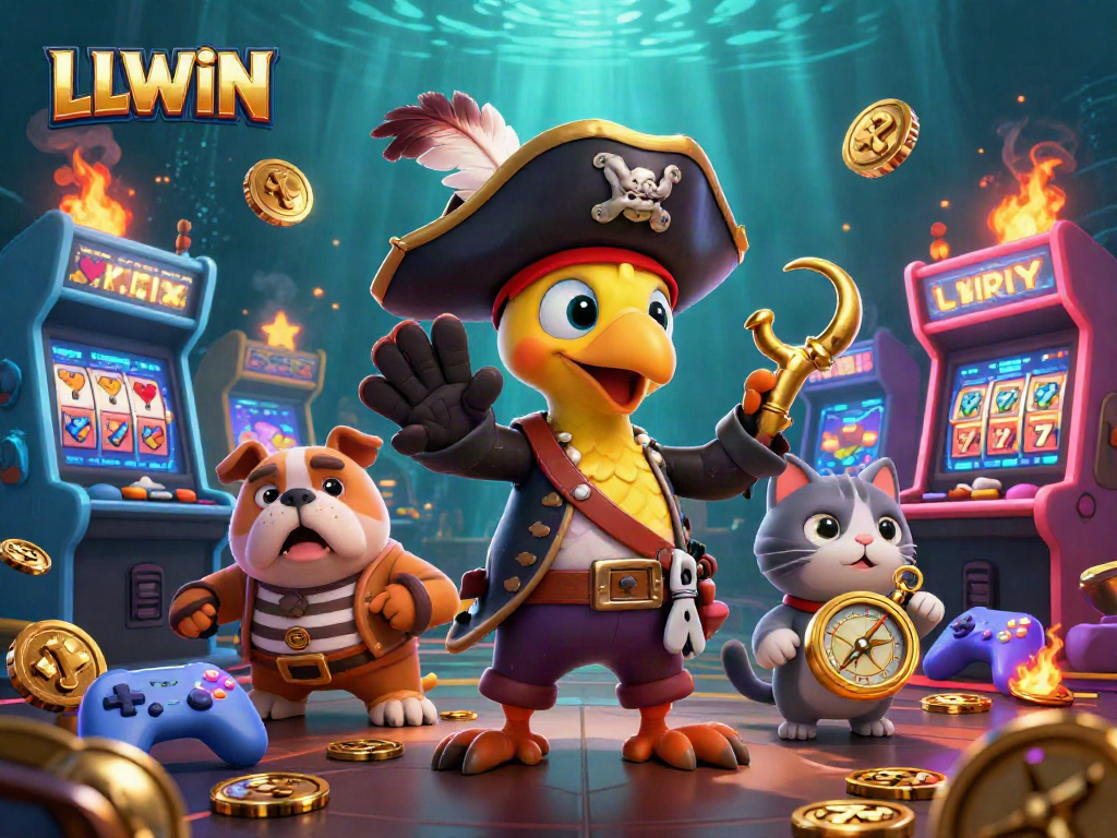 Engage with LLWIN's vibrant casino scene featuring a pirate captain, bulldog, and cat amidst glowing arcade games.