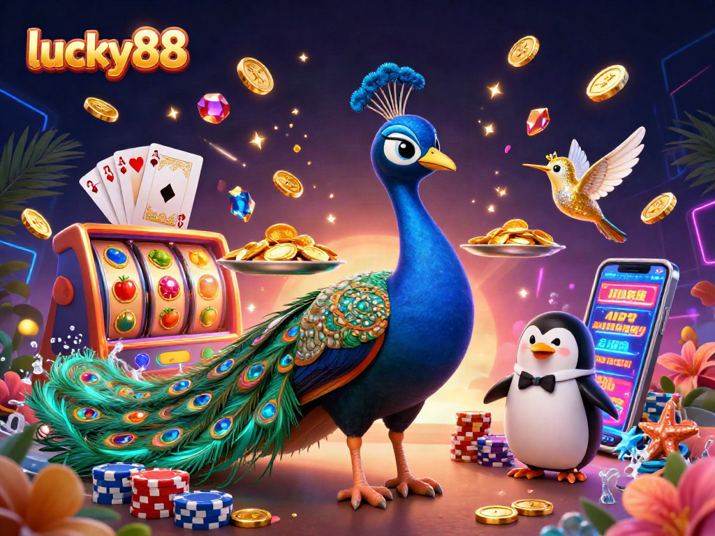 Experience lucky88 with a vibrant scene of casino excitement featuring a colorful peacock and rich gaming elements.