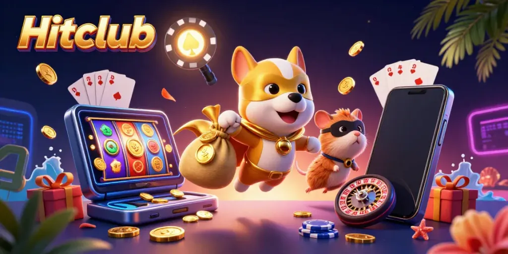 Hitclub's engaging cartoon scene featuring a superhero dog and hamster amidst casino elements.