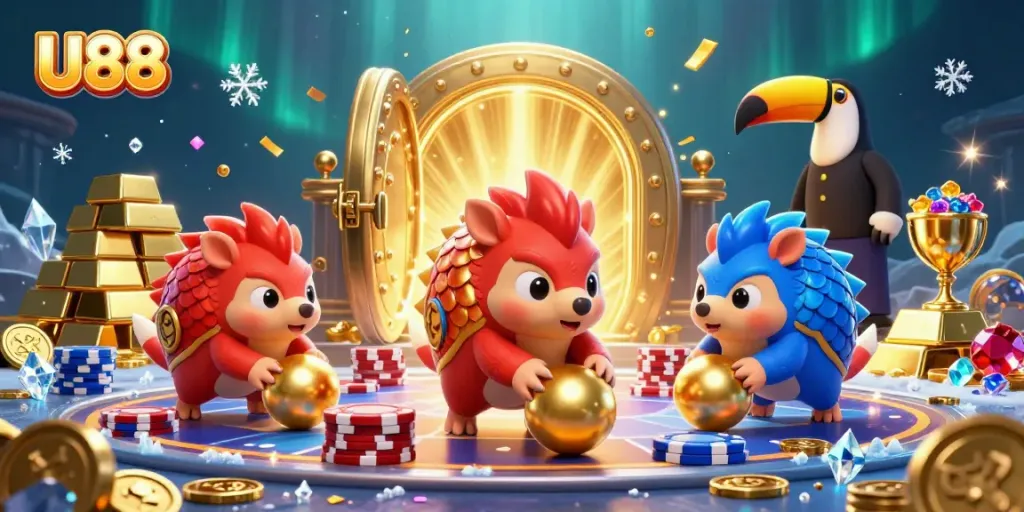 U88 pangolins roll into golden balls amid poker chips, showcasing vibrant casino action.
