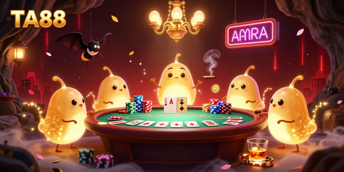Engage in TA88 captivating gameplay with this vibrant casino scene showcasing a glowworm team and poker elements.