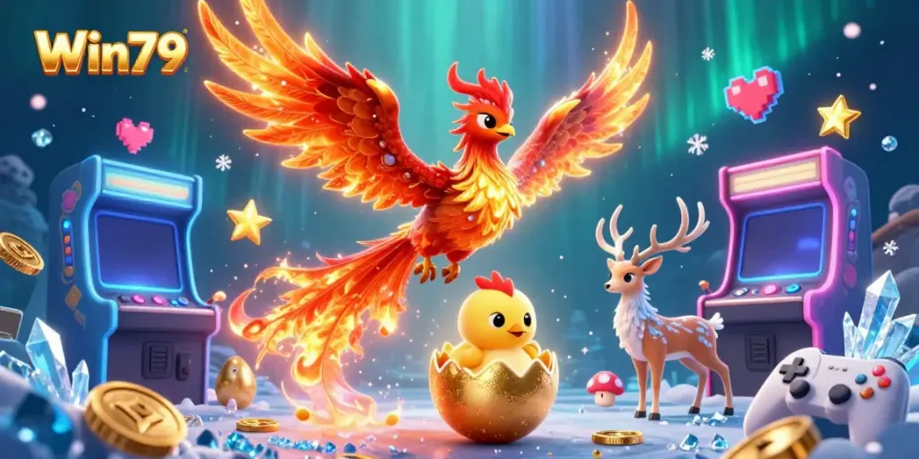 Experience thrilling gaming at Win79 with a vibrant phoenix, casino elements, and dynamic energy.