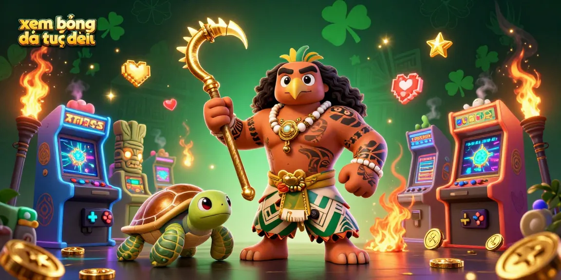 Watch xem bóng đá trực tiếp with a dynamic 3D scene showcasing gaming elements and a tropical fantasy vibe.