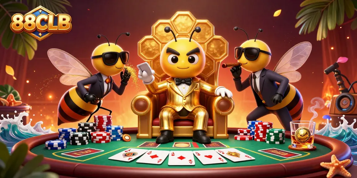 Engage with 88CLB in an exciting poker scene featuring a bumblebee mob boss and his entourage.