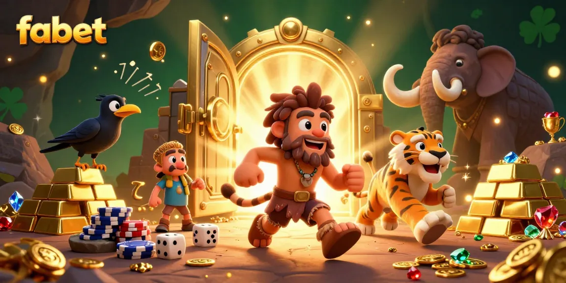 fabet casino scene featuring a playful caveman duo and a clever crow amidst treasures.