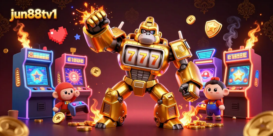 Experience the excitement of jun88tv1 with a dynamic 3D casino scene featuring a golden gorilla mech and arcade games.