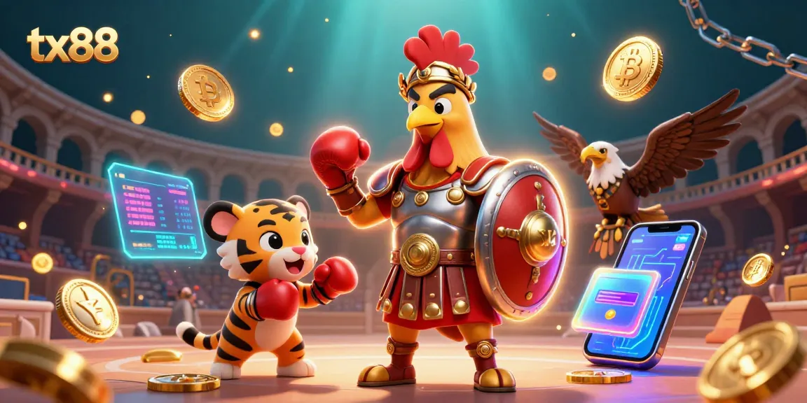 Bet on tx88 with a dynamic scene of a gladiator rooster and crypto elements illustrating a vibrant casino atmosphere.