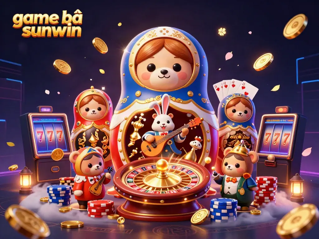 Play game bài sunwin with a vibrant casino scene featuring colorful characters and dynamic gaming elements.
