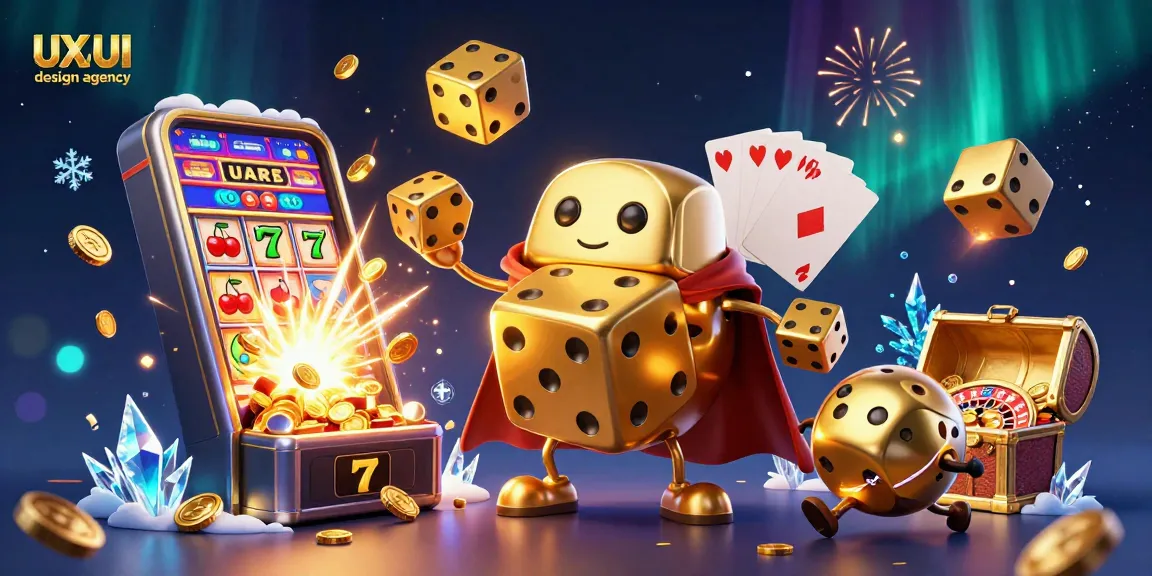Interact with a magical scene showcasing a UX/UI design agency with vibrant casino elements and a golden dice golem.