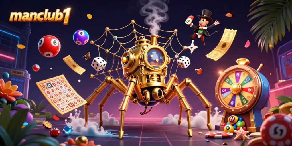 Experience the excitement at manclub1 with a dynamic gaming scene featuring a golden spider and amusing characters.